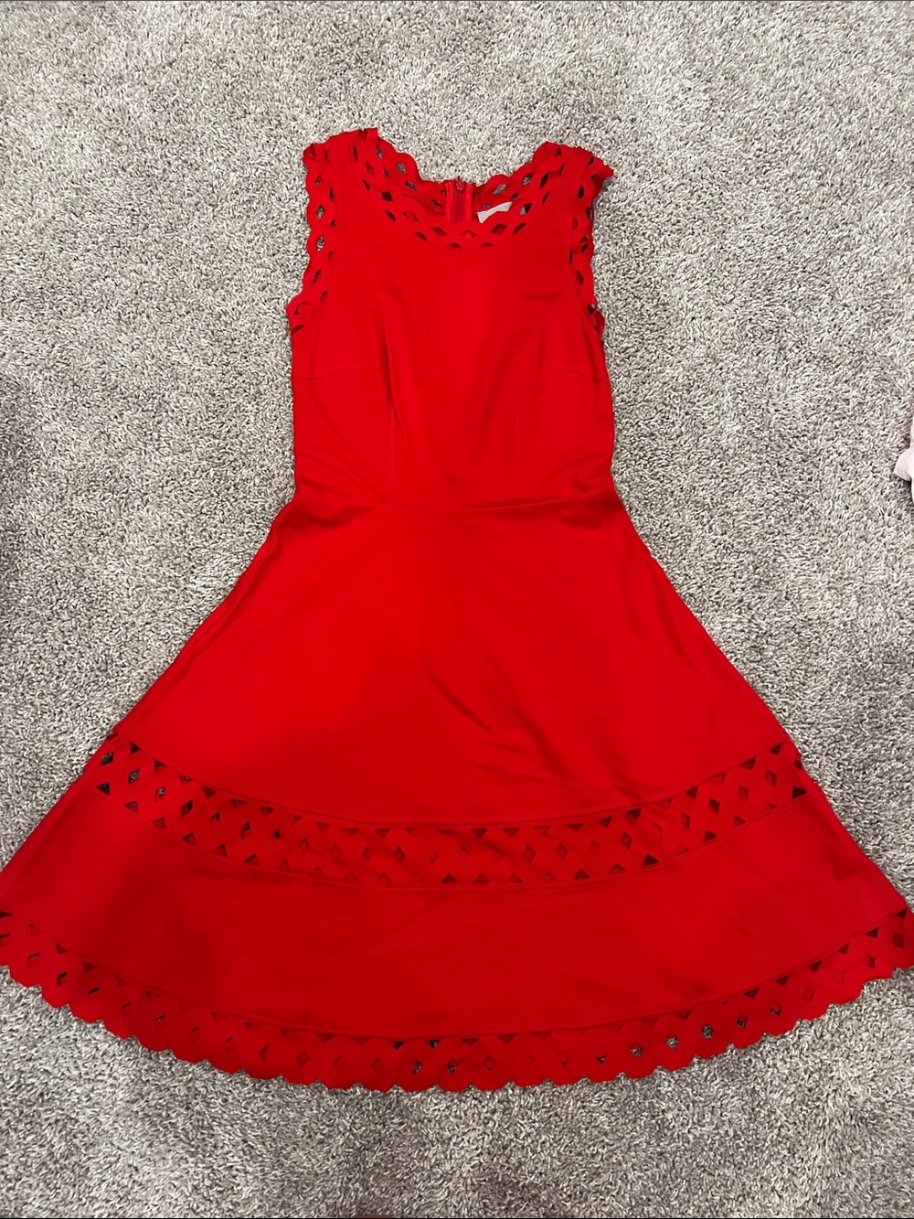 Red Sleeveless Eyelet-Trim Chemise Dress